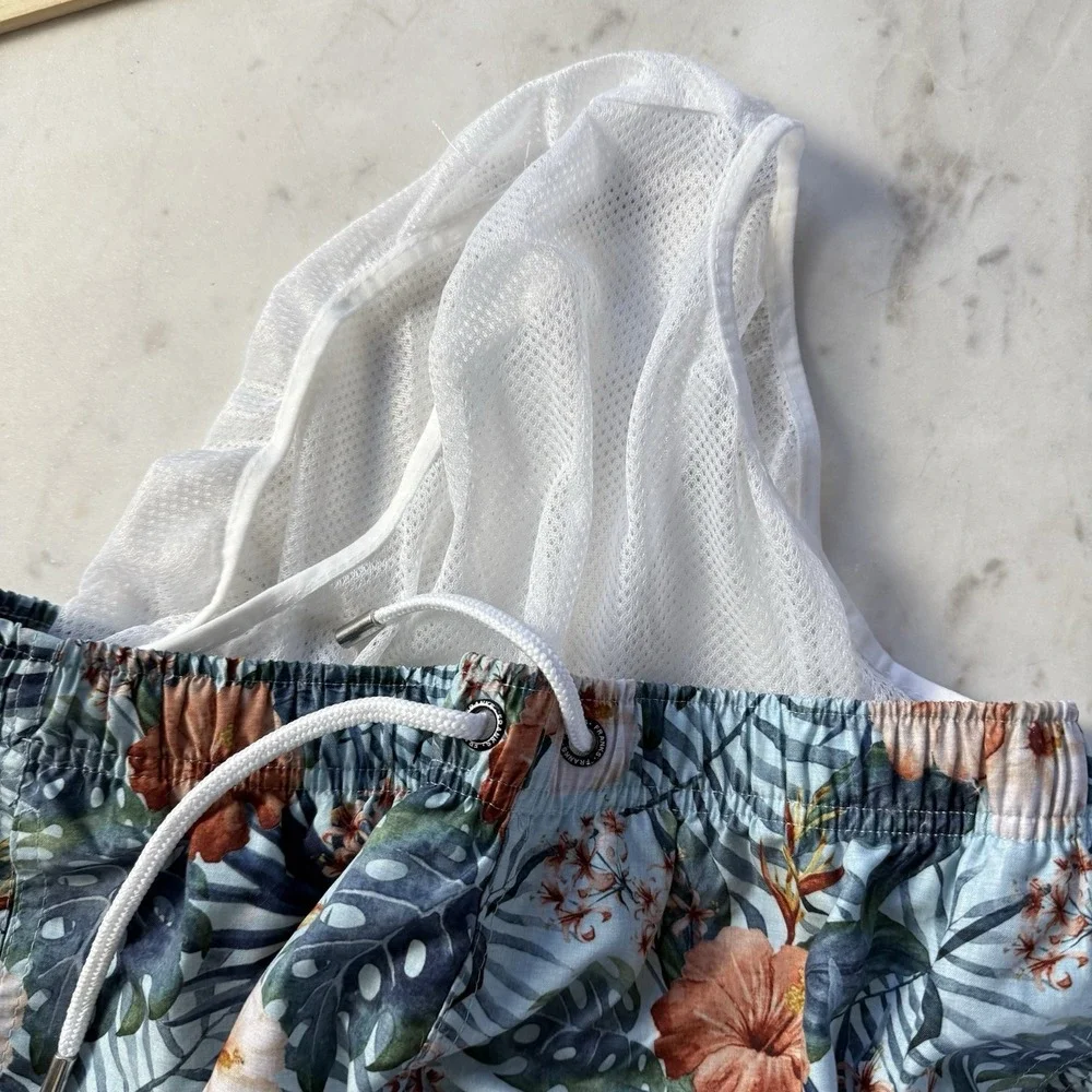 NEW Franks Australia Swim Trunks Maui Sky Floral Small Lined $89‎ White Lotus